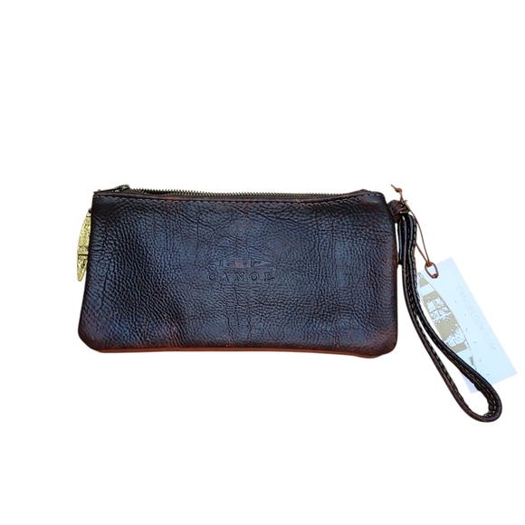 Canoe Leather Wristlet Clutch  Tan Brown Gold Zip Western Cowgirl 10"X4.5" NWT - Picture 2 of 5